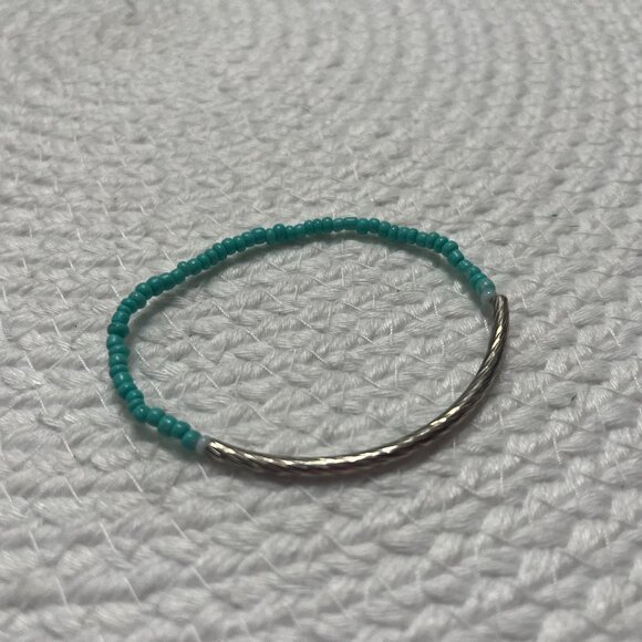 TURQUOISE Seed Bead and Sterling 925 Swirl Tube Handmade Elastic Bracelet #705D - Picture 1 of 3